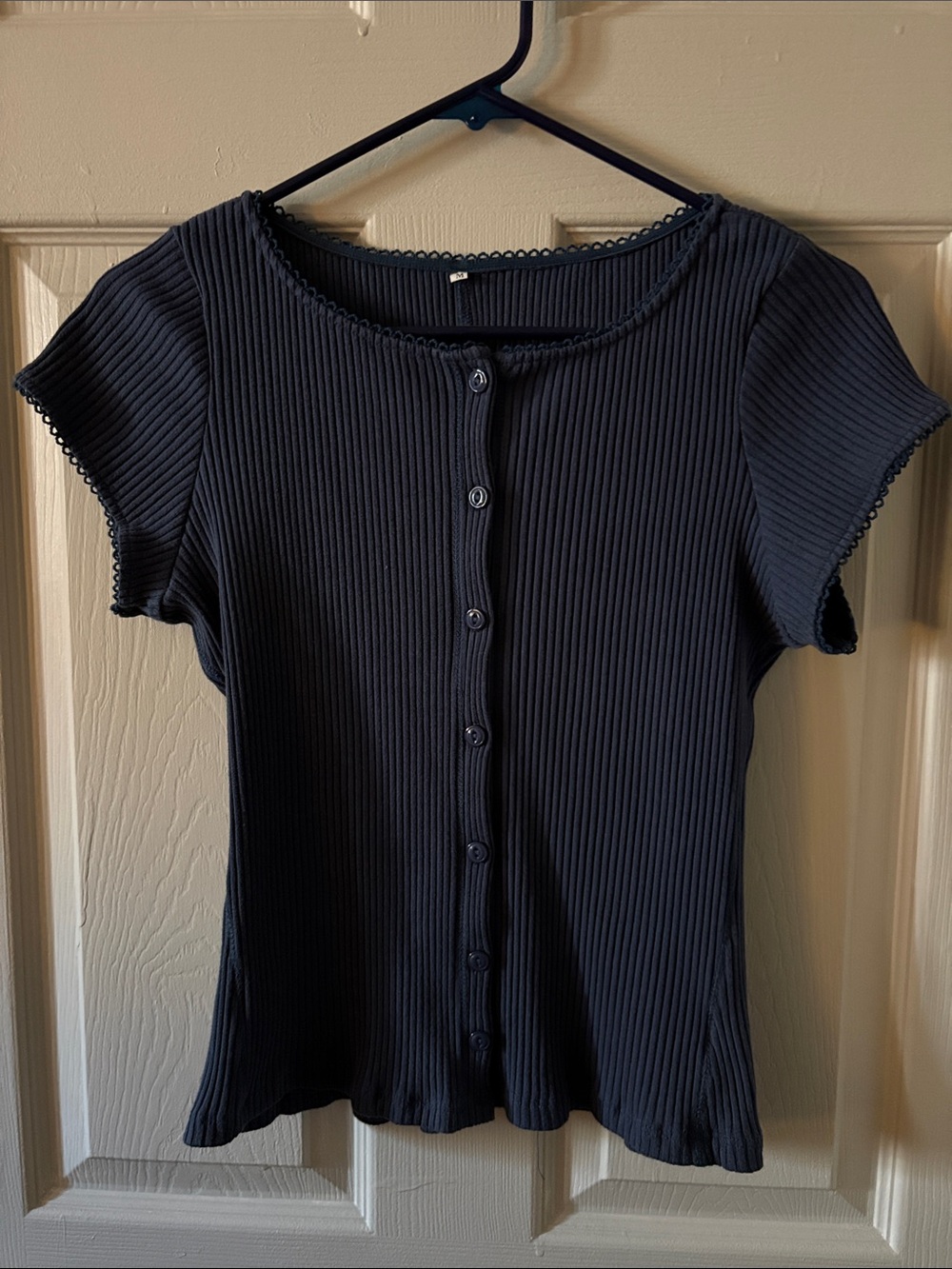 Ribbed Button-Front Short Sleeve Top - Navy